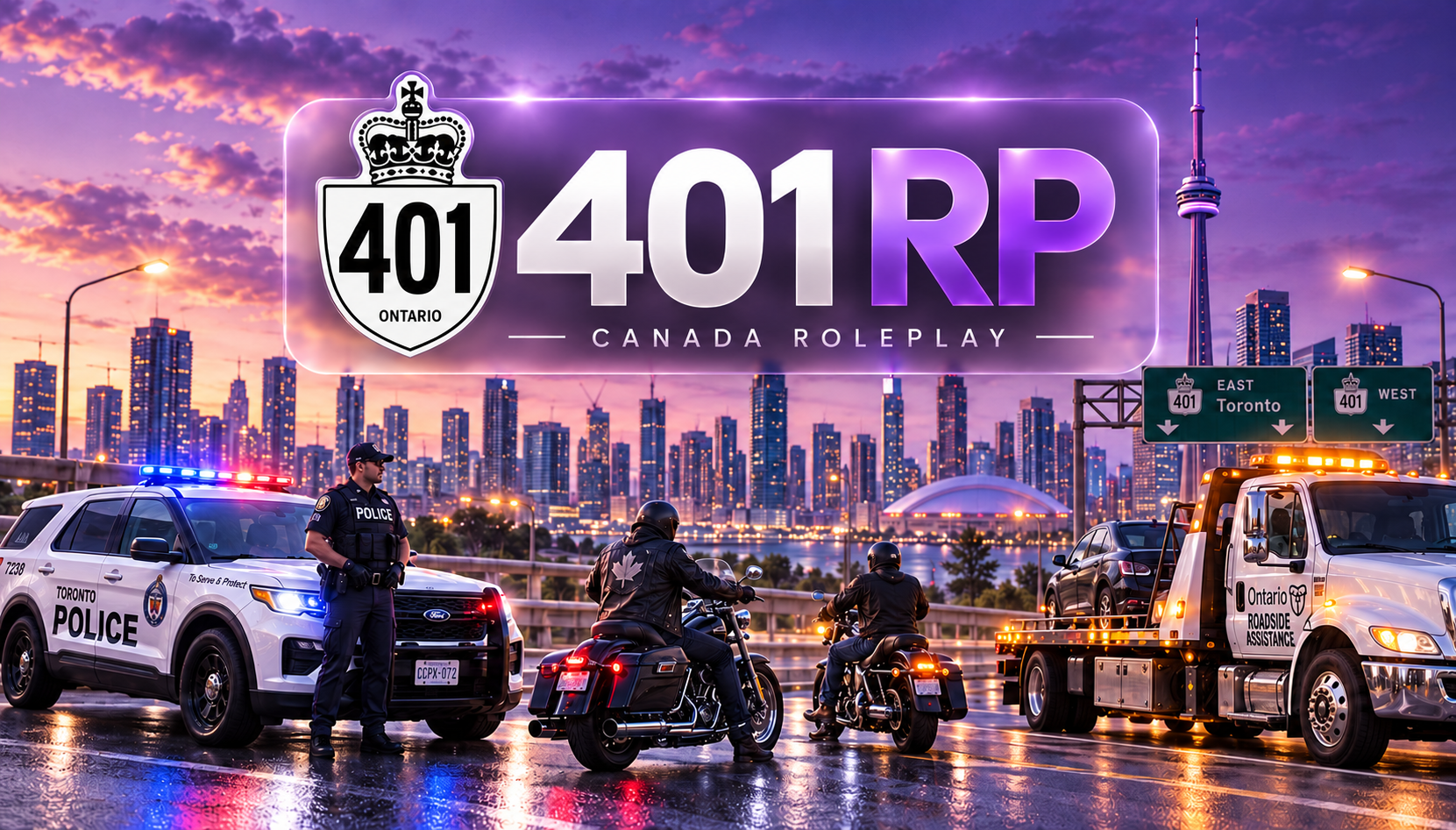 401RP Canada Roleplay above Toronto at sunset, with police, motorcycles and roadside assistance